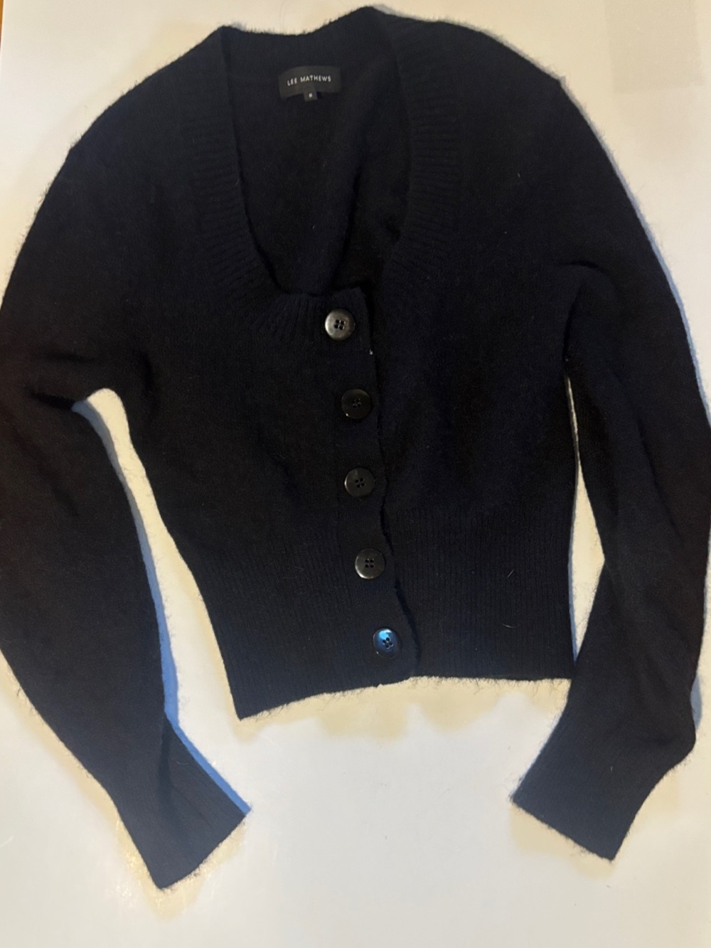 Lee Mathews Black Ribbed Alpaca wool V‑Neck Button Cardigan